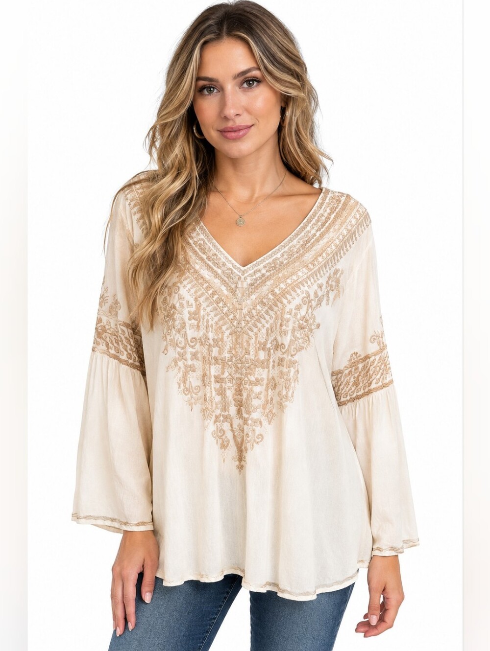 Chelsea & Theodore Women's White Boho Embroidered Peasant Blouse Top Size Large